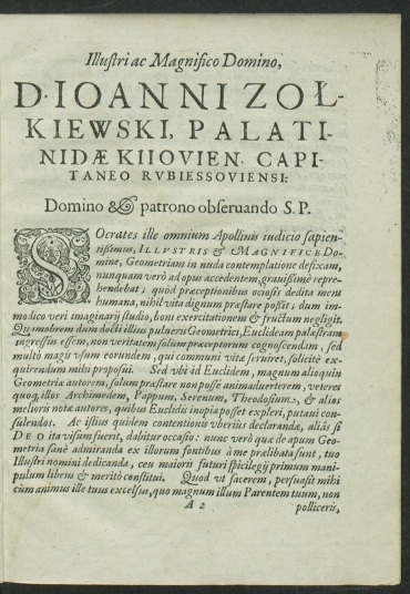 Problema geometricum, fol. A2r: Broscius's dedicatory letter to Jan Żółkiewski