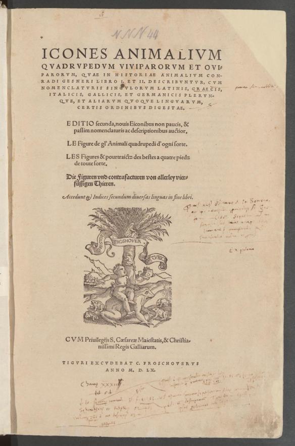 An annotated page of Gesner's working copy of his Icones animalium of 1560 (Zurich, Zentralbibliothek, shelfmark NNN 44 | F)